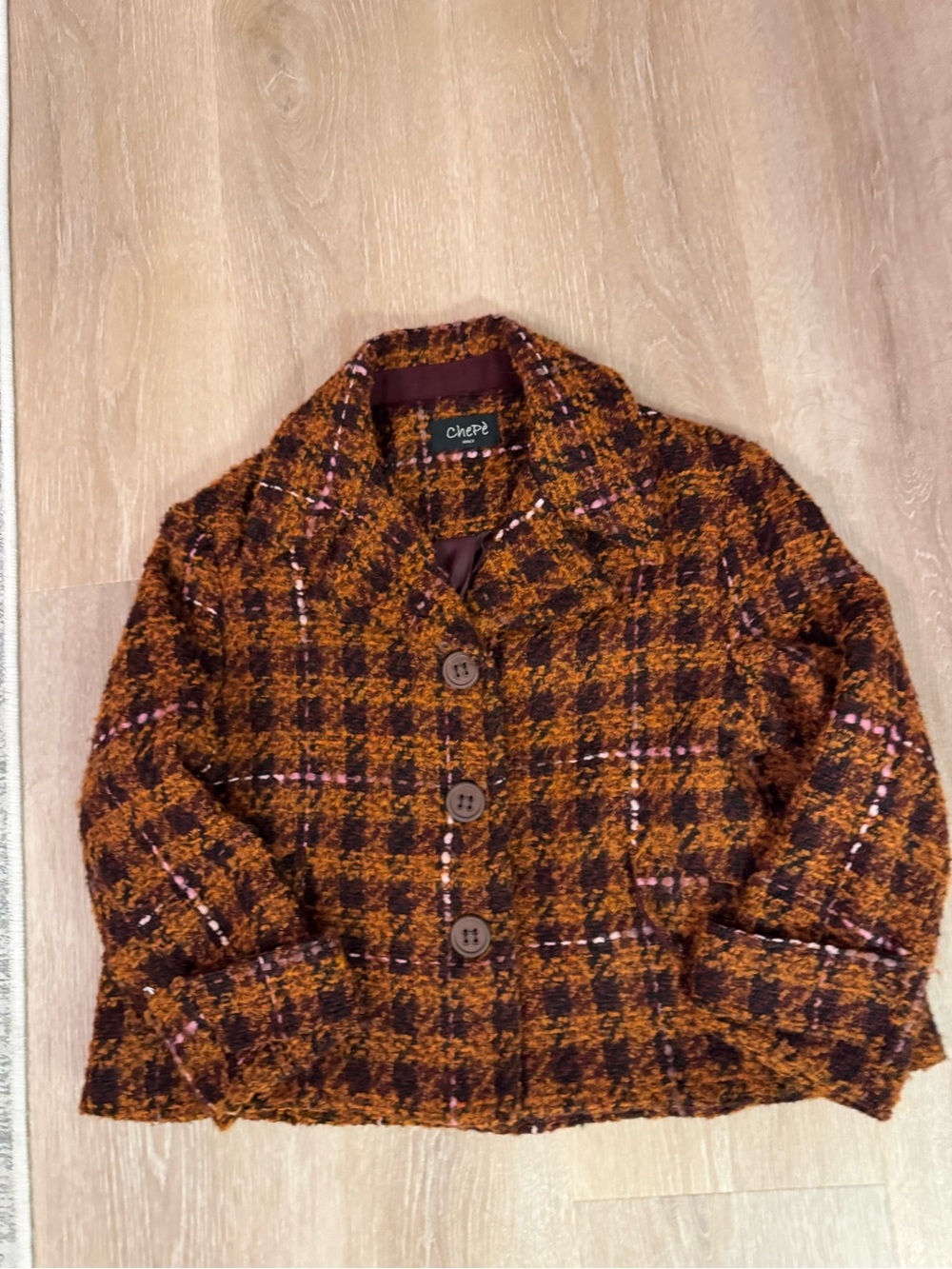 ChePe Dark Orange Plaid Tweed Pea Coat